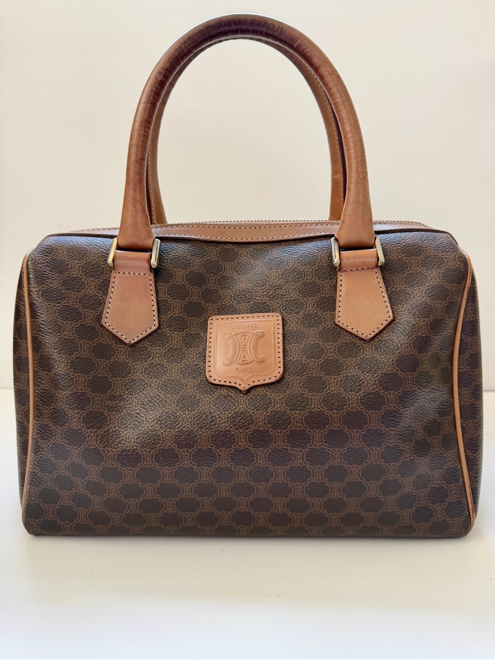 Vintage Celine Macadam Canvas Mini Speedy Boston Bag Brown Leather Trim M14